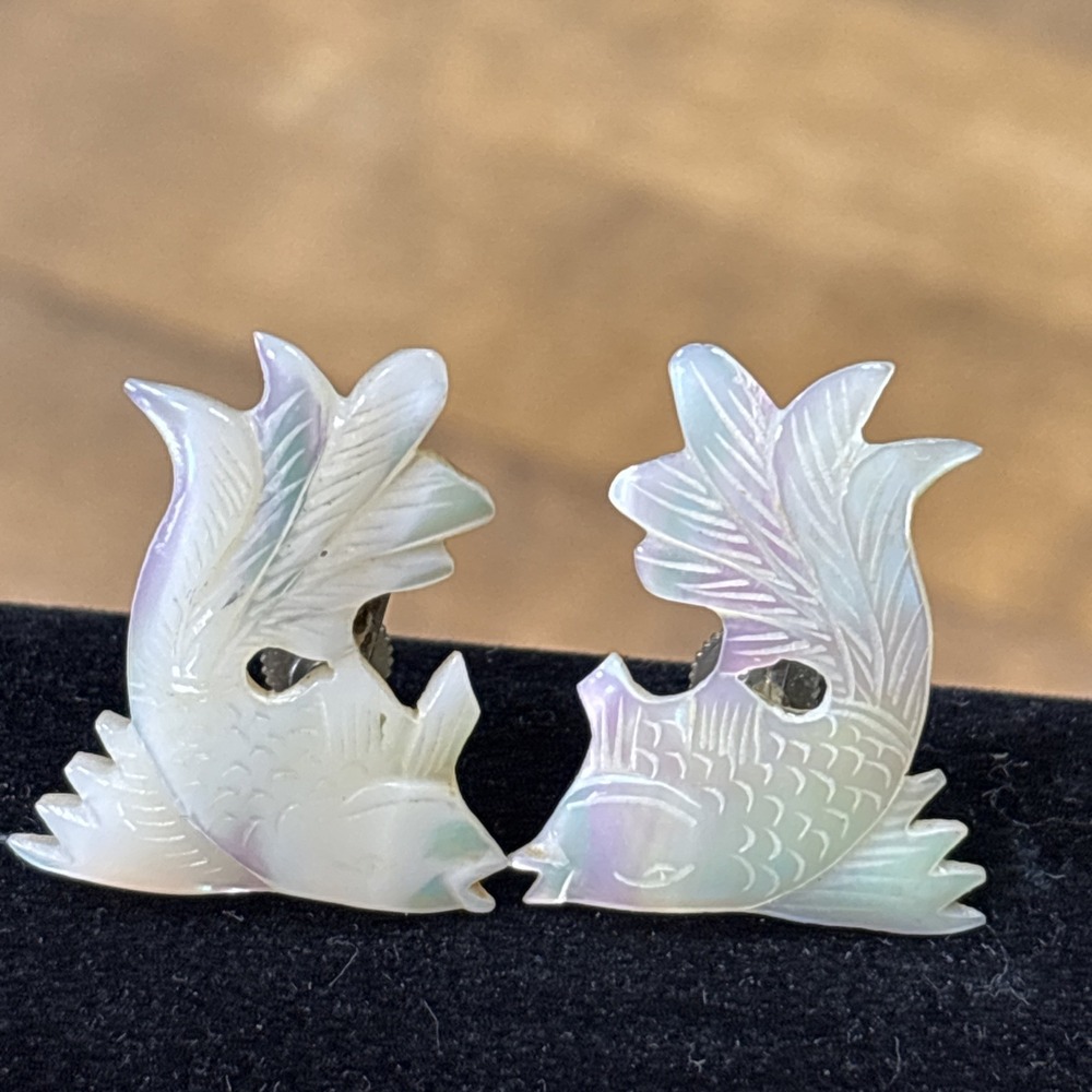 Vintage Carved Mother of Pearl Koi Fish Earrings White Screw Back